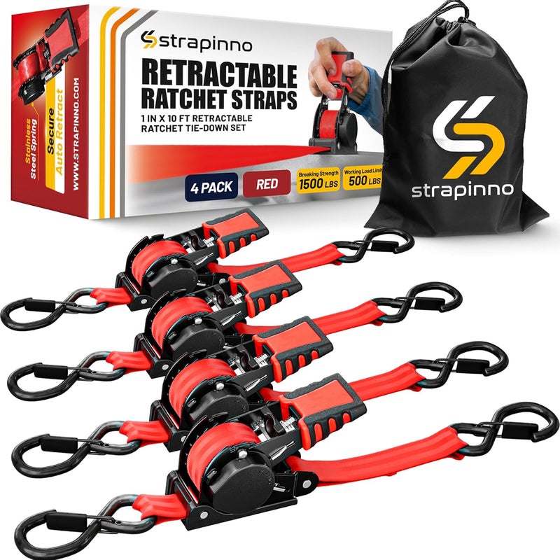 Strapinno Retractable Ratchet Straps 1 in x 10 ft, Secure Tie-Downs with Rubber-Coated Steel Handles, for Motorcycle, Jetski, Kayak, Breaking Strength 1,500LBS/680KG (Red Strap, Black Coated) - Image 1